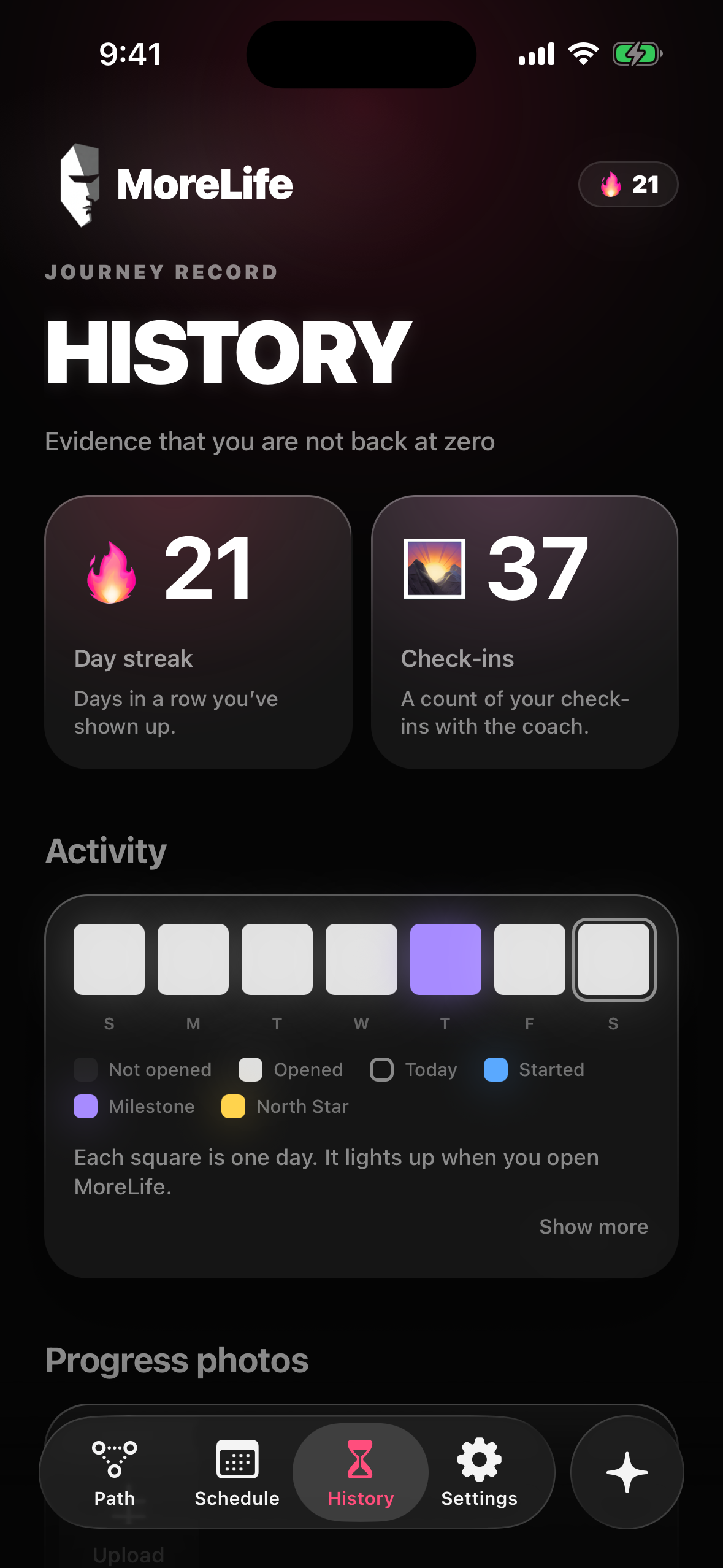 MoreLife history shows check-ins, a day streak, and milestone days. Demo activity.