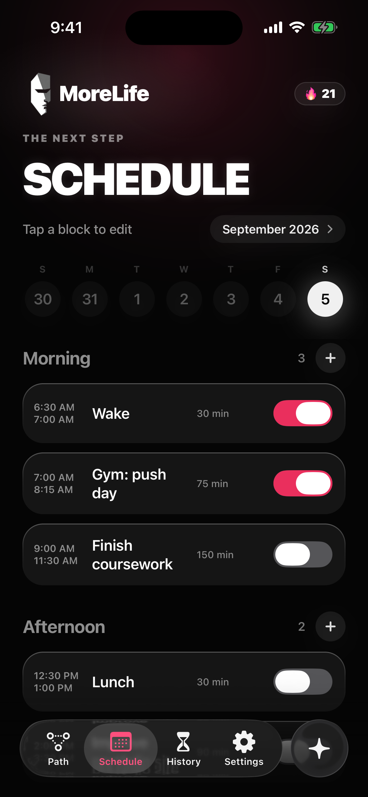 MoreLife schedule with gym and coursework. Demo activity.