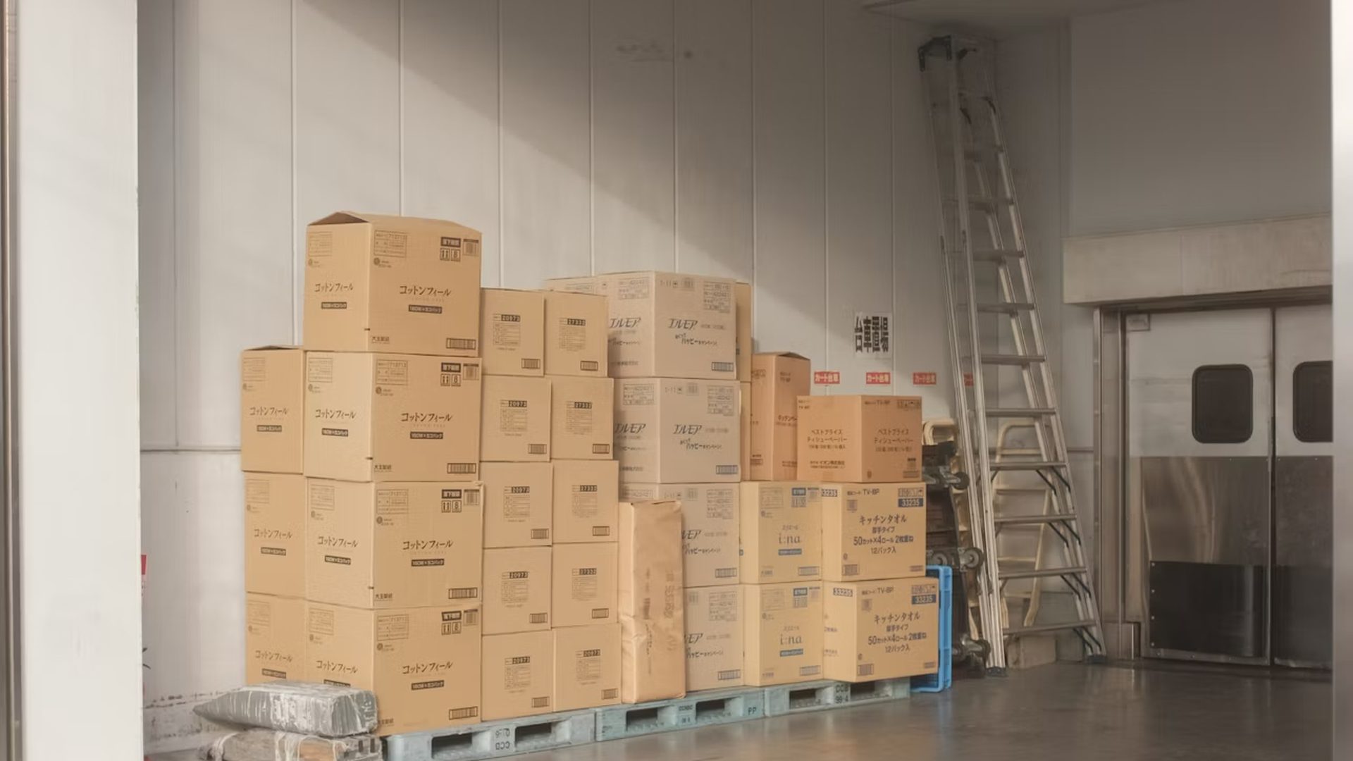 Boxes stacked on pallets in a warehouse