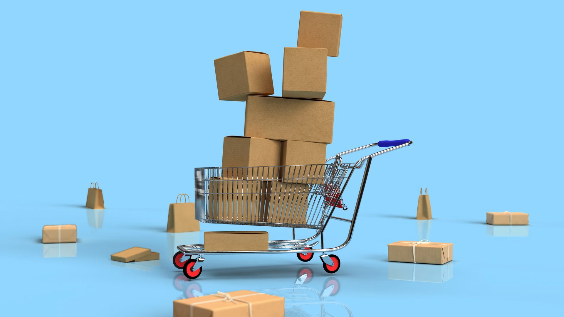 A shopping cart full of small parcels