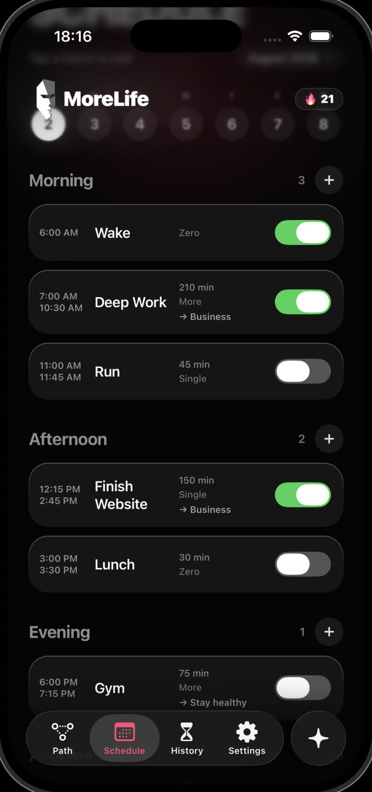 MoreLife schedule screen
