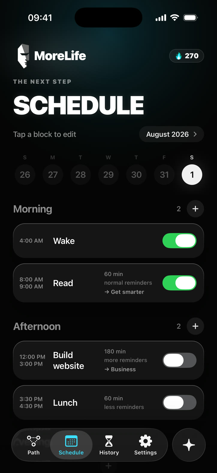 MoreLife schedule screen